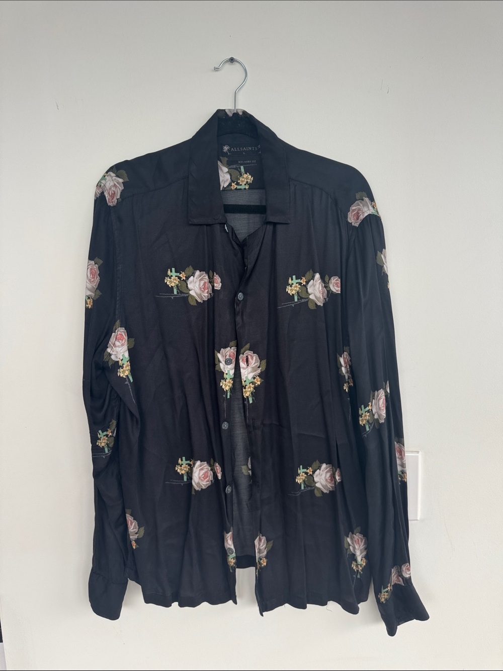 All Saints Black Floral Button-Down Shirt with Pink Roses